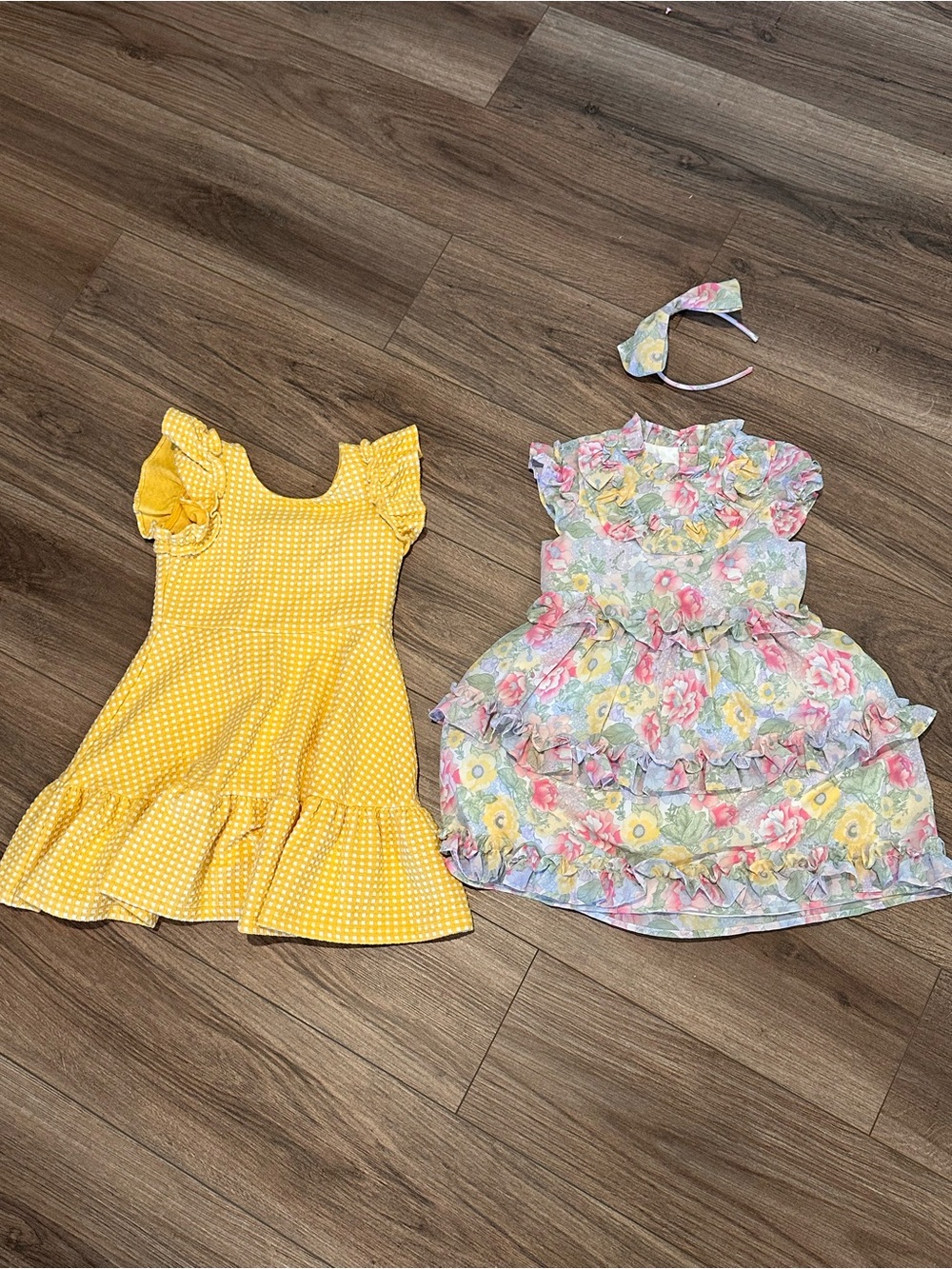Bundle of Janie and Jack Girls 5 Yellow Gingham and Tiered Floral Ruffle Dresses